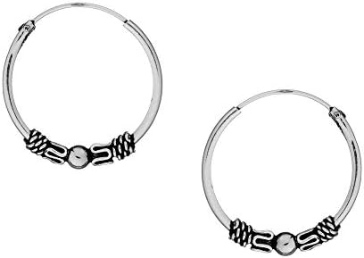 Silverly 20 mm Balinese Bead Indo Bali Hoops - 925 Sterling Silver Hoop Earrings - Small Silver Earrings for Women - Cartilage Sleeper Earrings - Boho Earrings - Hypoallergenic Earrings