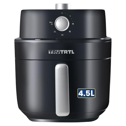 truTRTL Manual Air Fryer for Home | Actual 4.5 Liter, 1400 Watt | Healthy cooking with upto 90% less Oil | Temp Control & Time setting Knobs | Bake, Roast, Air Fry, Grill, Re-heat | Glossy Black