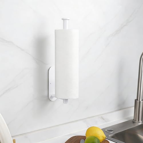 Image of White Paper Towel Holder - Self Adhesive or Drilling, Under Cabinet Paper Towel Holder for Kitchen, Adhesive Paper Towel Roll Rack for Bathroom Towel, SUS304 Stainless Steel
