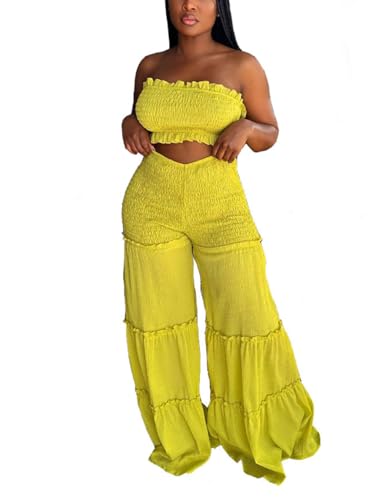 Yuopeid Women's Sexy 2 Piece Outfits Sleeveless Tube Crop Tops and Loose Wide Leg Pant Set3