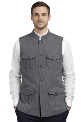 Image of LATEST CHIKAN Men's Nehru Jacket | Ethnic Waistcoat with Mandarin Collar | Premium Textured Fabric | Party, Wedding