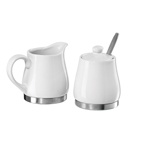 Oggi 5827.1 White Ceramic Stainless Steel Sugar and Creamer Set with Stainless Steel Spoon