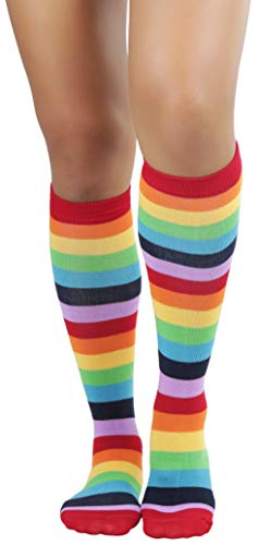 Image of ToBeInStyle Women's Bright Vibrant Rainbow Striped Thigh High Rave Stockings