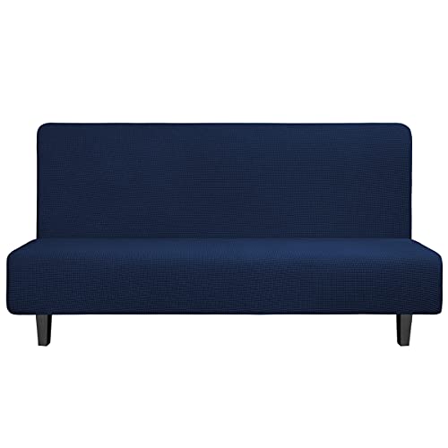 Image of Easy-Going Stretch Large Futon Slipcover Armless Futon Cover Navy | Sofa Bed Furniture Protector Without Armrests with Elastic Bottom for Kids, Soft Jacquard Machine Washable