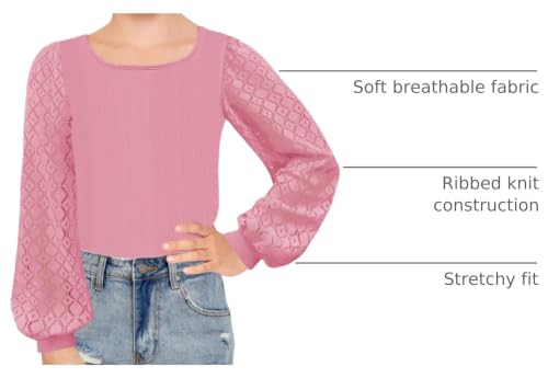 Image of Geckatte Girls Long Sleeve Shirts Square Neck Ribbed Blouse Lace Tops | Casual, Solid, Kids Cute Lace Puff Sleeve Tees, Lantern Long Sleeve, Ribbed Knit T Shirts, 5-14 Years