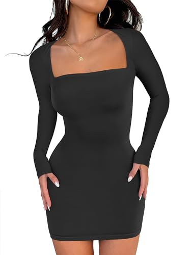ANRABESS Women Long Sleeve Square Neck Sexy Bodycon Tight Cocktail Party Club Night Formal Short Dress 2025 Going Out Outfits3