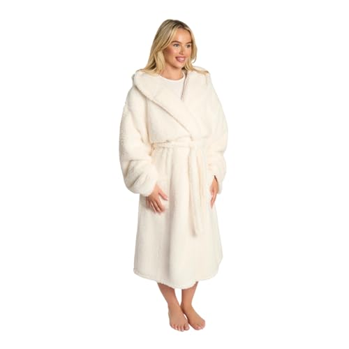OHS Dressing Gown Womens Teddy Fleece, Ultra Soft Warm Hooded Dressing Gown with Pockets Oversized Bath Robe for All Seasons Loungewear & Sleepwear, Cream - One Size
