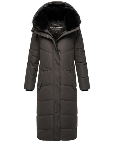 Navahoo Damen Wintermantel Warmer Steppmantel extralang mit Abnehmbarer Kapuze Hingucker XIV Anthracite Gr. S