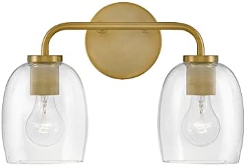 Lark Percy 85012LCB Two-Light Bath Vanity Fixture, Transitional Style, Bell-Shaped Clear Glass Shade, Mount Up or Down, Wet Rated, Decorative Socket, Lacquered Brass Finish