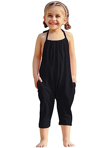 Raisevern Baby Girl Jumpsuit Halter Toddler Black Romper Summer Sleeveless Strap Plain Pants Newborn Jumpers Beach Hawaiian Overalls Clothes With Pocket 1-2T #TOP4