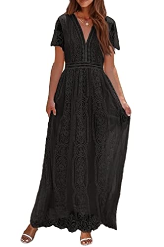 PRETTYGARDEN Women's Floral Lace Maxi Dress Short Sleeve V Neck Bridesmaid Wedding Evening Party Dresses(Black,Small)