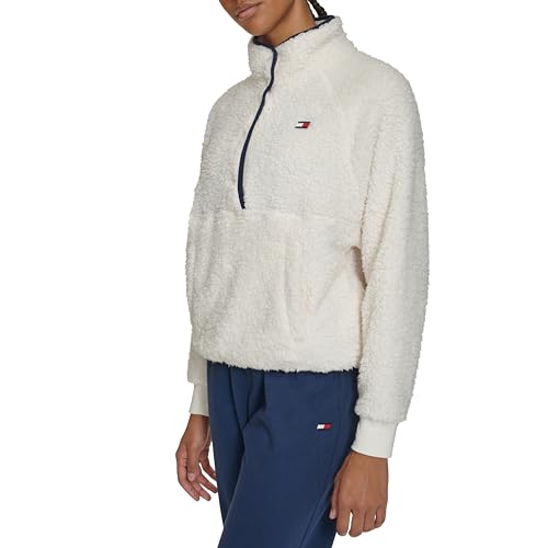 Tommy Hilfiger Women's Performance Faux sherpa pullover with stand collar and snap placket,ivory,S3