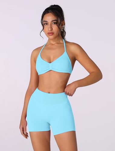 Image of ABOCIW Womens Seamless Workout Sets 2 Piece Strappy Halter Sports Bra Scrunch Butt Shorts Gym Yoga Outfits
