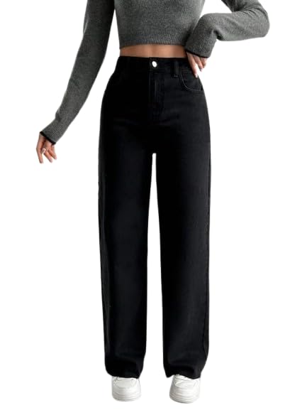 High-Waisted Black Denim Jeans and Raw Hem Detail Black-image-11