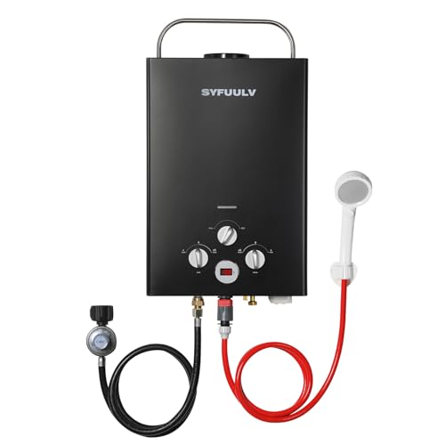Syfuulv Propane Water Heater Tankless, 1.58GPM 6L Outdoor Portable Propane Gas Instant Hot water heater On Demand, 41,000 BTU, Overheating Protection, Camping, RV, Cabin, Barn, Black