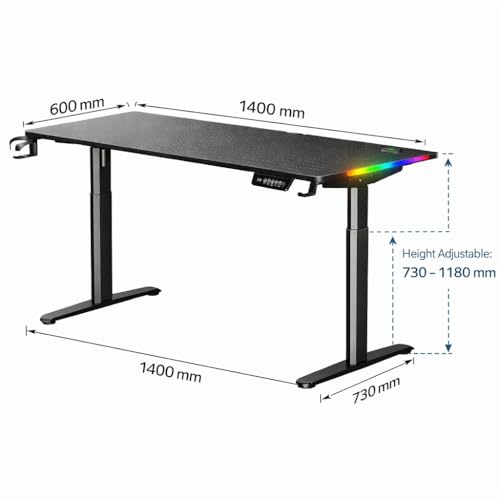Image of Elevate Pro 1400 Electric Height Adjustable Desk | 1400x600 mm RGB Solid Wood Workstation | Motorized Sit-Stand Office & Gaming Table | Memory Preset | Ergonomic Standing Desk (Black)