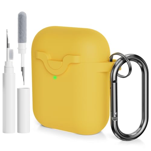 AOTUAO Compatibile con AirPods 2 e 1 Custodia Cover e Kit di Pulizia, Case Protettiva Antiurto e Antiscivolo in Silicone per AirPods 2a e 1a Generazione con Moschettone, Giallo