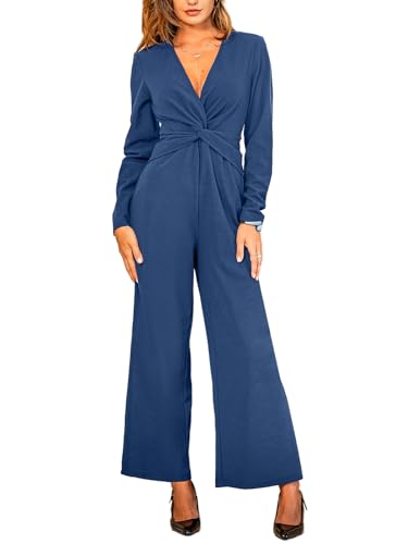 CUPSHE Women's Long Sleeve Jumpsuits Casual V Neck Wide Leg Twist Front One Piece Jumpsuit Blue S