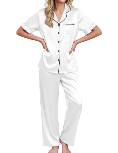 Image of Ekouaer Silk Satin Pajamas for Women Set 2 Piece Short Sleeve Button Up Pjs | Two Side Pockets,Soft Bridesmaid Lounge Set,Bridal Ruffle Sleepwear,Wedding Party,Honeymoon Vacation,Postpartum