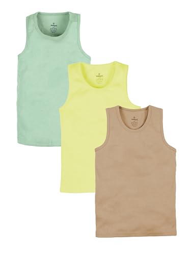 KiddoPanti Boys Cotton Sleeveless Solid Rib Vest Pack of 3, Lt Brown/Lt Green/Popcorn Yellow - 10-12Y