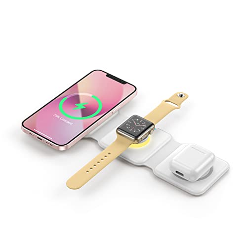 3 en 1 Cargador Inalámbrico Rápido, ORIA Soporte de Carga Magnético Plegable de 180° con Luz Nocturna, Cargador Inalámbrico Inductivo, Carga Rápida de 15W para iPhone Airpods iWatch - Blanco Cover
