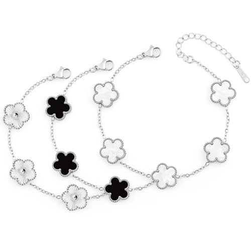 18K Silver/Gold Bracelets Set for Women (Skin-Friendly&Fade-Resistant) Four Leaf Clover Trendy Lucky Bracelet (Double Sided) Silver/Gold Jewelry Set for Women Birthdays Holidays Gifts 3pcs