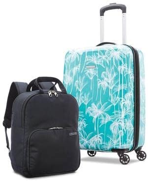 review American Tourister Brookside 2-Piece Carry-On Spinner Luggage & Backpack Set Teal Palm Tree Multicolor