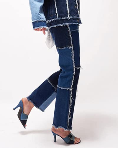 RINTONIX Womens High Waist Colored Patchwork Straight Leg Denim Jeans Pants Frayed Raw Hem Pencil Denim Pants2