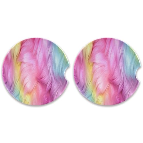 SKYSHU Juego de 2 posavasos redondos de plumas coloridas para automóvil, con base de corcho y agarre para la punta de los dedos para una fácil limpieza en movimiento, 2.5 pulgadas/6.5 cm