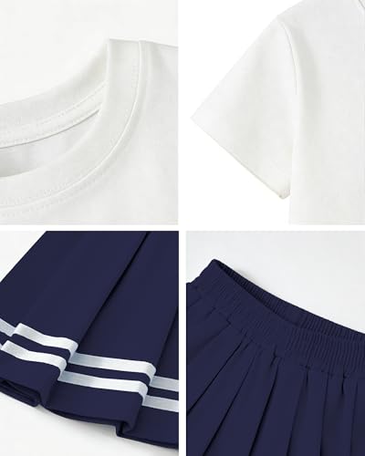 Image of Betusline Girls Skirt Set JK School Uniform 2-Piece Outfit - Short Sleeve & Webbing Solid Skirt,Bow Navy Blue,4-5T = Tag 120