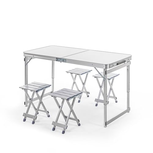 Image of Corvids 4 Feet Multipurpose Aluminium Folding Camping Table with 4 Aluminium Chairs & Carrying Handle | Height Adjustable Table for Picnic, Hiking, Garden, Outdoor & Indoor Use (White)