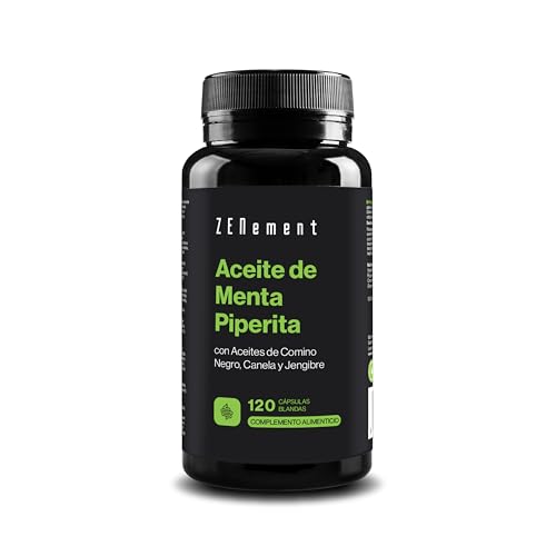 Aceite Esencial de Menta Piperita con Aceite de Comino Negro, Canela y Jengibre - 120 Cápsulas Blandas, Fórmula Sinérgica con 500mg, Salud Digestiva, 40% Mentol, 20% Mentona, 100% Natural - Zenement