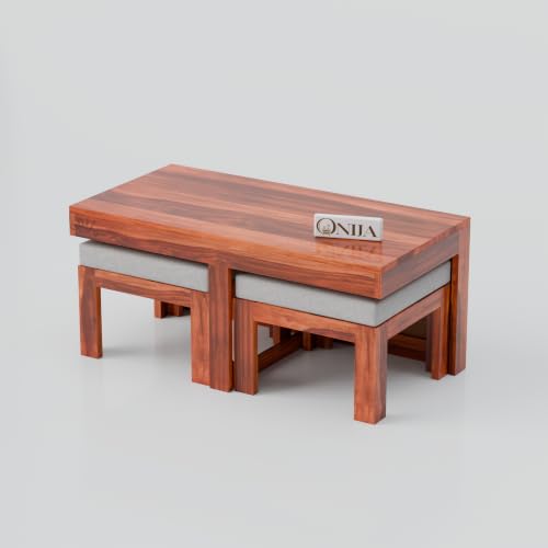 Image of ONIJA Solid Sheesham Wood Center Coffee Table with 2 Stools for Living Room Outdoor | Rosewood Centre Teapoy Tea Table with Stool for Home Office (Honey Finish)