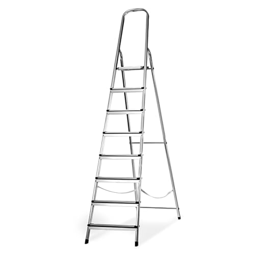 Amig - Escalera Plegable con 8 peldaños - Aluminio - Peldaños Pequeños: 28x8 cm - Peldaño Grande: 25x25x28 cm - Uso Doméstico - Carga Máxima 150 kg