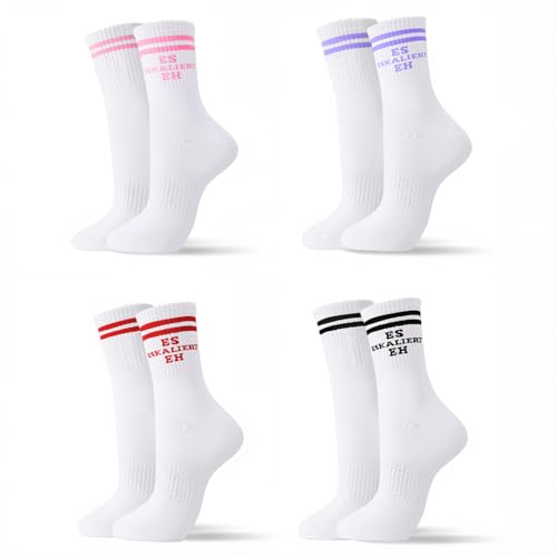 kodinsiivous 4 Paar ES ESKALIERT EH Lustige Socken Unisex Lustige Geschenkidee Sportsocken Für Damen Herren Festival Zubehör Malle Accessoires lustig Tennissocken mit Spruch und Streifen