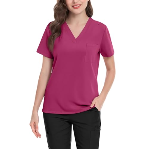 Image of FONMA Scrub Tops Women Plus Size Stretchy V-Neck Scrub Shirts with 4 Pockets Breathable Short Sleeve Nurse Uniforms