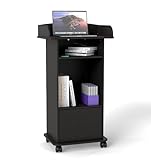 SOCOMFAY Holz-Rednerpult, Stehpult mit Rollen, Rednerpult mit 3 Ablageflächen, Schwarz, Podium für Kirchen, Vorträge, Schulen und Seminare