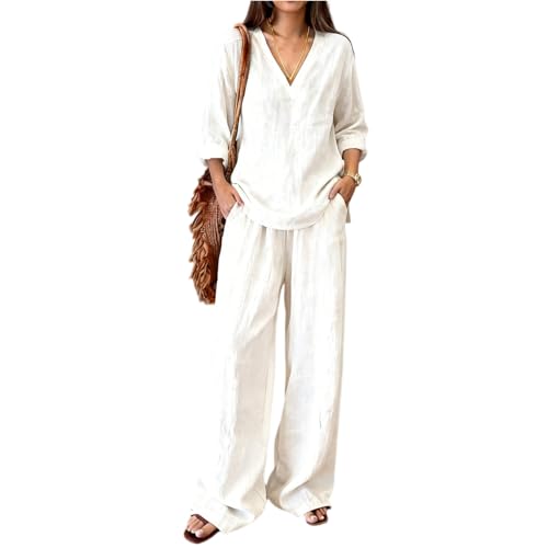 lopmou Co Ord Sets Women Linen Set Women Casual Top and Wide Leg Pants 2piece Cruise Cute Wedding Clothing Ropa Elegante Para Mujer