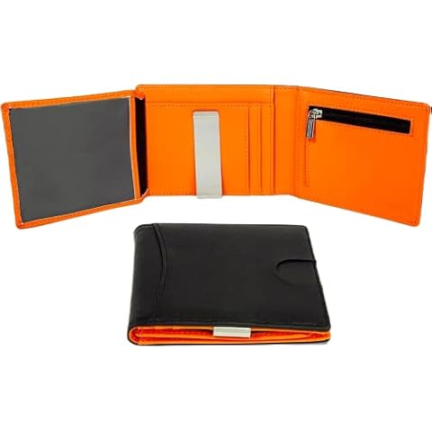 Mens Leather Wallet With Money Clip And Coin Pocket Genuine Real Leather RFID Blocking Front Pocket Trifold Bifold Credit Card Holder For Men Bank Zip Zipper Men's Anti Scan Proof Orange Black UK Cover