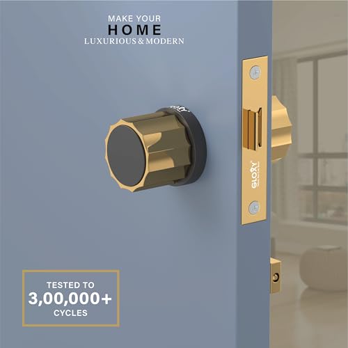 Image of Gloxy Brass Baby Latch Lock for Mortise Keyless Knob Handle Set Mortise Keyless Pull Handle Set with Baby Lock for Kitchen, Room | Gold & Black Finish (2 Years Warranty, Pack of 1)
