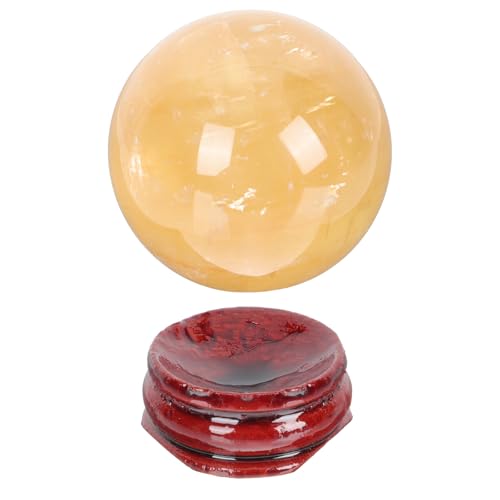 Tofficu Esfera de Cristal Amarilla Natural de 4 Cm con Base de Madera, Adorno Decorativo Artesanal para Mesa y Escritorio, Bola de Cristal para Decoración del Hogar y Festividades