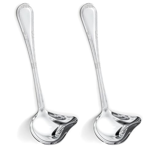 2 Pcs Small Gravy Ladle Drizzle Spoon, with Pouring Spout Soup Serving Sauce, Stainless Steel Saucier Sauce Soup Spoon for Spooning Gravies Sauces, Mini Punch Scoop Durable Kitchen Utensil, Silver
