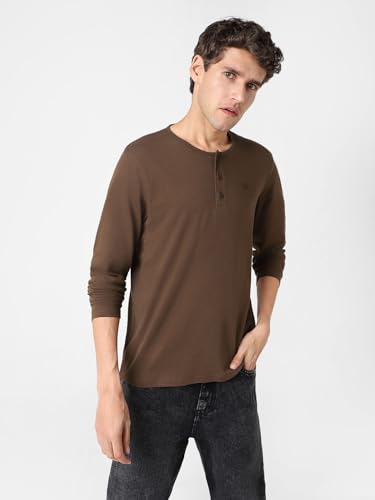 Image of Urbano Fashion Men's Solid Henley Neck Slim Fit Full Sleeve Cotton T-Shirt