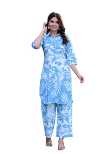Image of LABEL ADRIJA Floral Print Pure Cotton Tunic Shirt Pant Cord Set Kurta Pant Set for Women