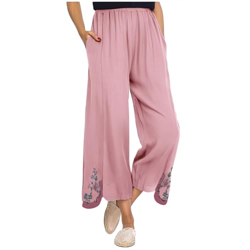 Cropped Linen Pants for Women Floral Embroidered Wide Leg Capri Pant High Elastic Waist Summer Trousers with Pockets2