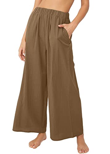 Women's High Waist Casual Wide-Leg Linen Trousers Vacation Palazzo Beach Pant Summer Business Pants with Pockets2