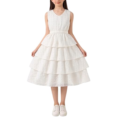 Mjjsk Vestido de fiesta para niñas, sin mangas, fruncido, en capas, para verano, primavera, vacaciones, playa, cumpleaños, graduación, casual, acampanado, blanco, 11-12 años