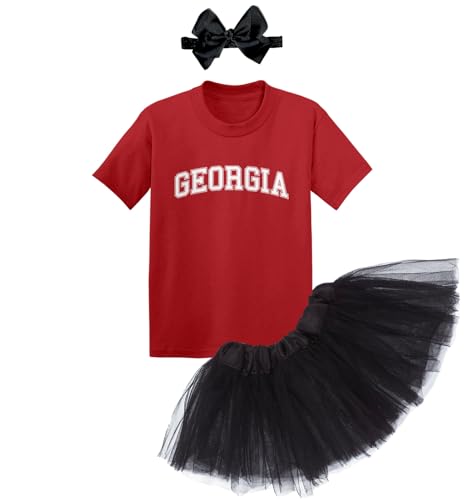 Georgia - State Proud Strong Pride Sports Toddler T-Shirt + Tutu Skirt + Bow Headband Set (Red T-Shirt/Black Tutu, 5T)