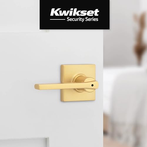 Image of Kwikset Casey Interior Square Privacy Door Handle with Lock, Door Lever for Bathroom and Bedroom, Satin Brass, Reversible Keyless Push Button Lock Door Lever, 4 Pack