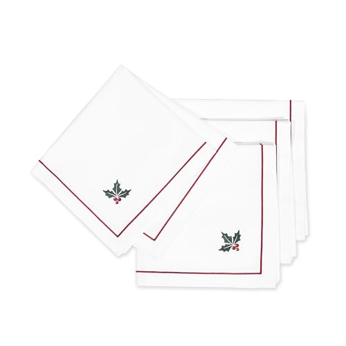 Hofdeco Premium Classic Christmas Holiday Cotton Cloth Napkins Set of 4, Washable Dinner for Christmas, Events, Parties, Embroidered Holly Red Green, 20